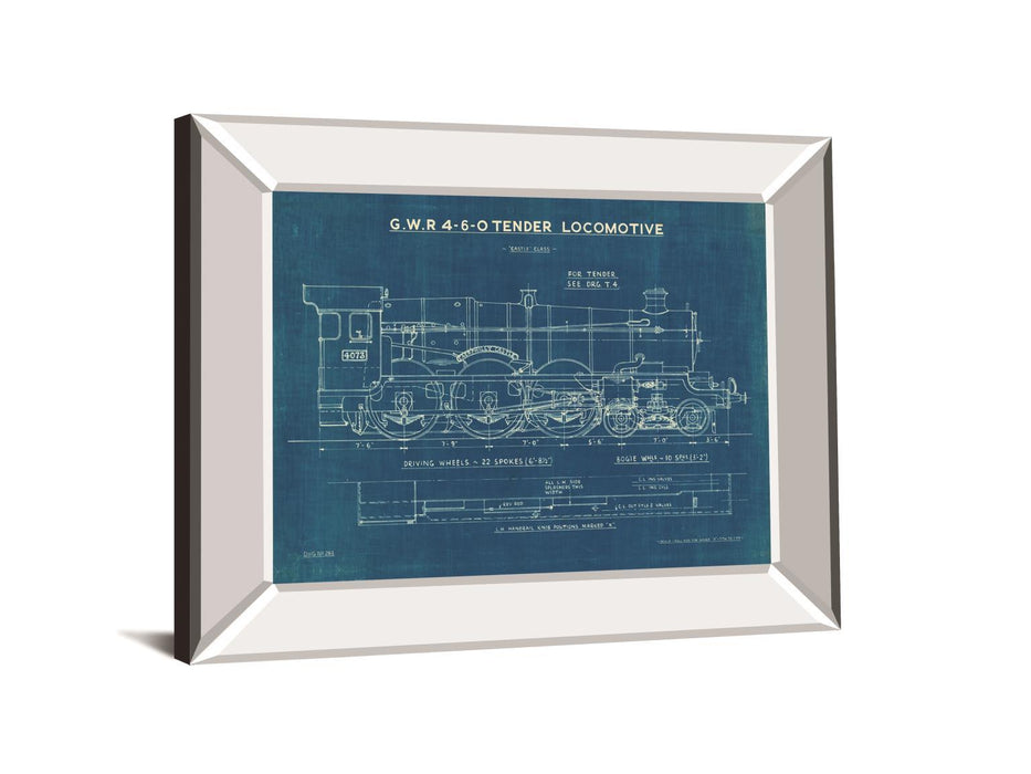 Locomotive Blueprint I By Wild Apple Portfolio - Mirror Framed Print Wall Art - Blue