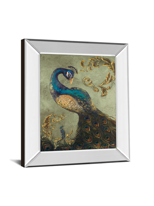 22x26 Peacock On Sage Il By Tiffany Hakimipour - Mirror Framed Print Wall Art - Blue